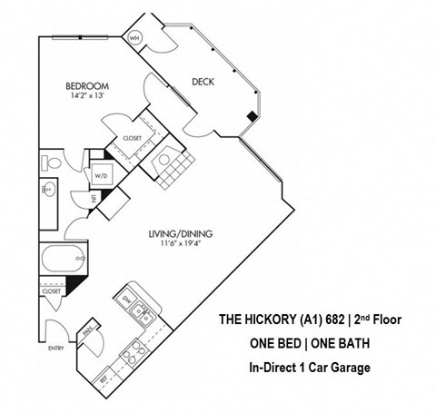 Hickory Floorplan - 1 bed, 1 bath, 682 square feet, 2nd level.